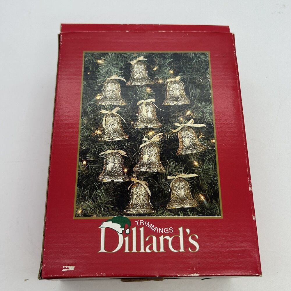 Vtg Gold Bell Shaped Christmas Ornaments Set of 10 in Org Box 3" Dillards